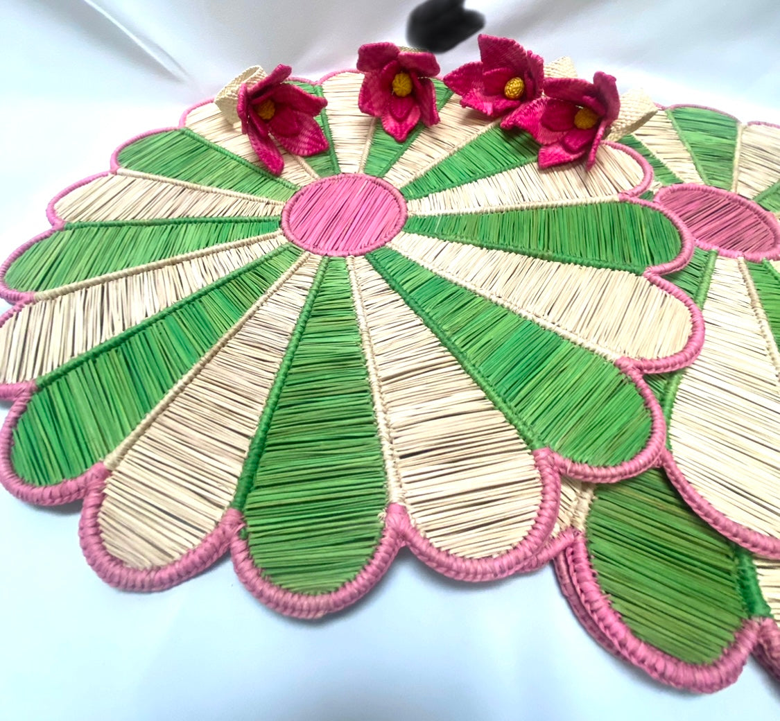 Flower Wheels Raffia Placemats — Set of 4/Poppy Green, Pink