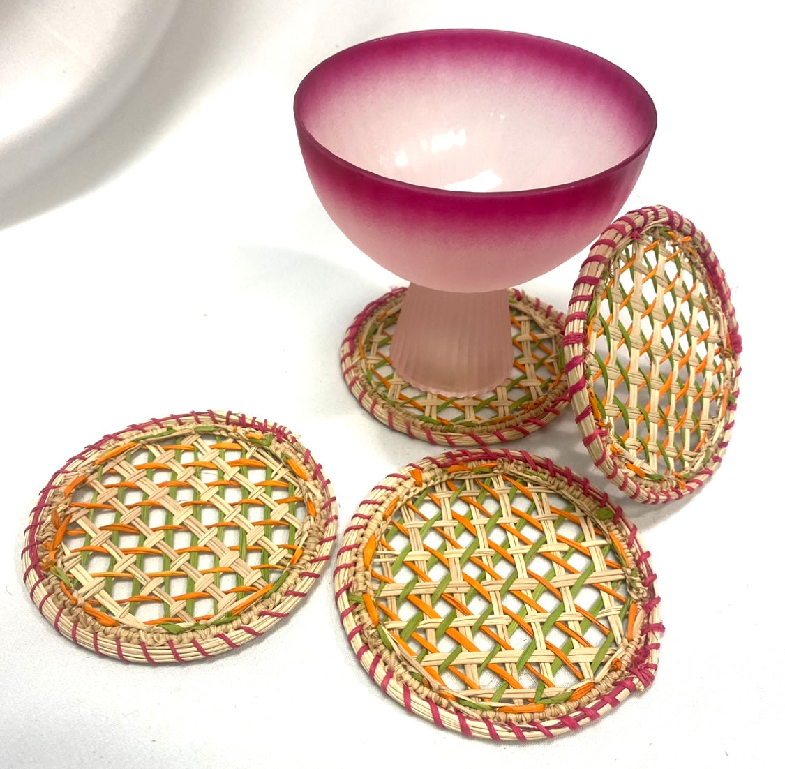 Isle of Colors Raffia Coasters — Set of 4/Natural, Pink, Green, Yellow
