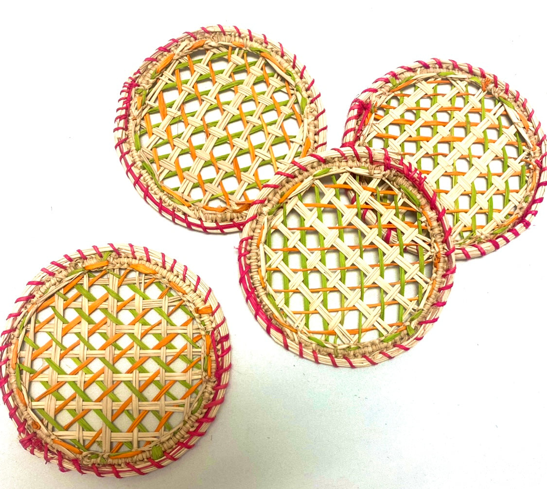 Isle of Colors Raffia Coasters — Set of 4/Natural, Pink, Green, Yellow