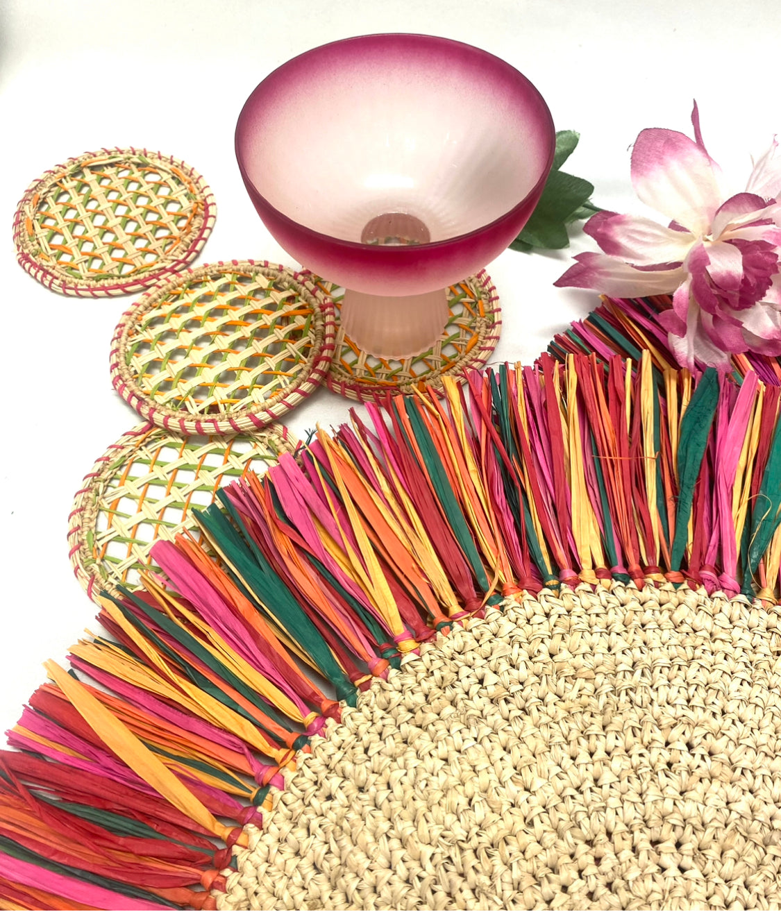 Isle of Colors Raffia Coasters — Set of 4/Natural, Pink, Green, Yellow