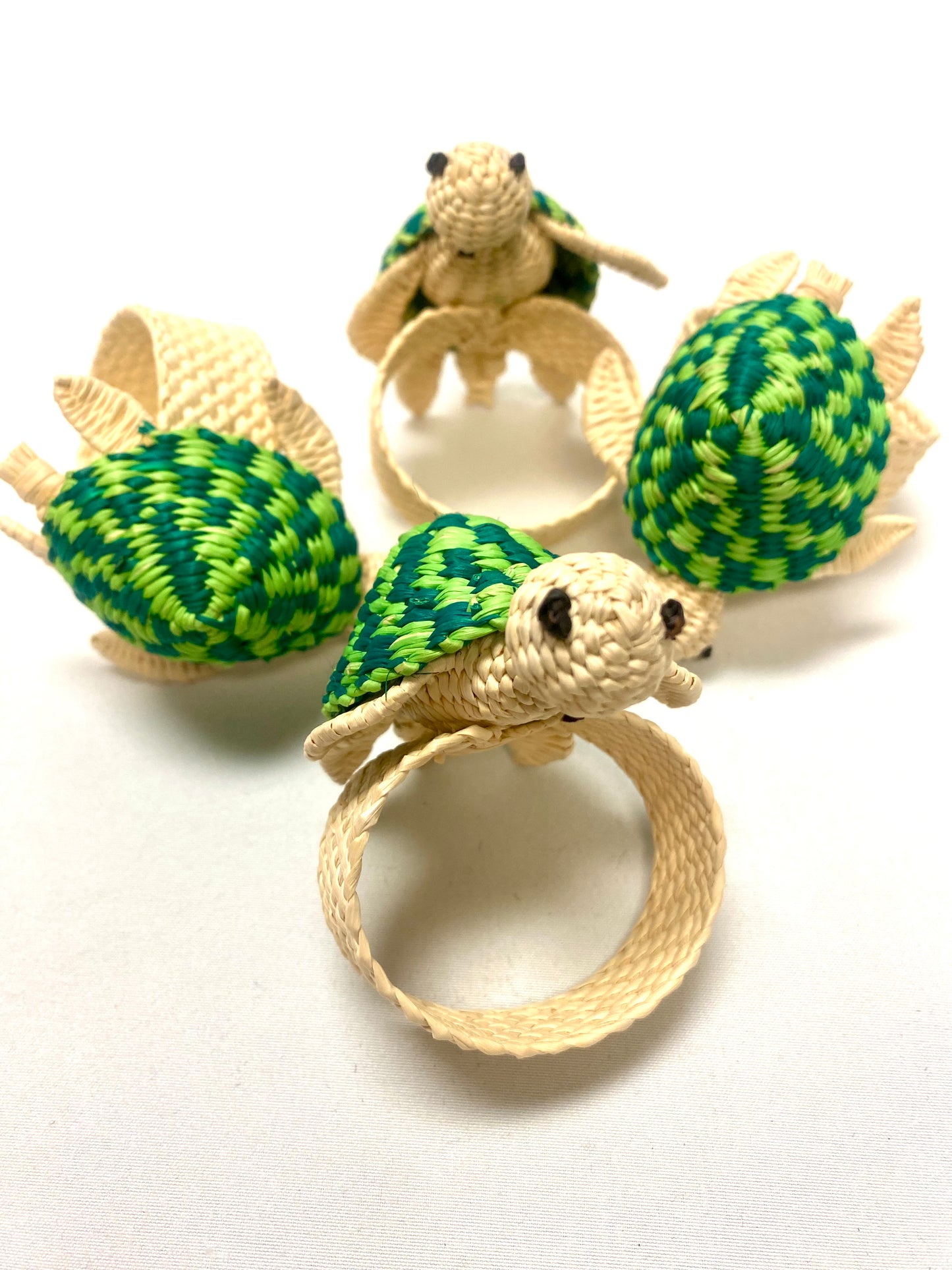 Turtle Coast Raffia Napkin Rings — Set of 4/Turtle Green, Natural, And Cute Little Black Turtle Eyes