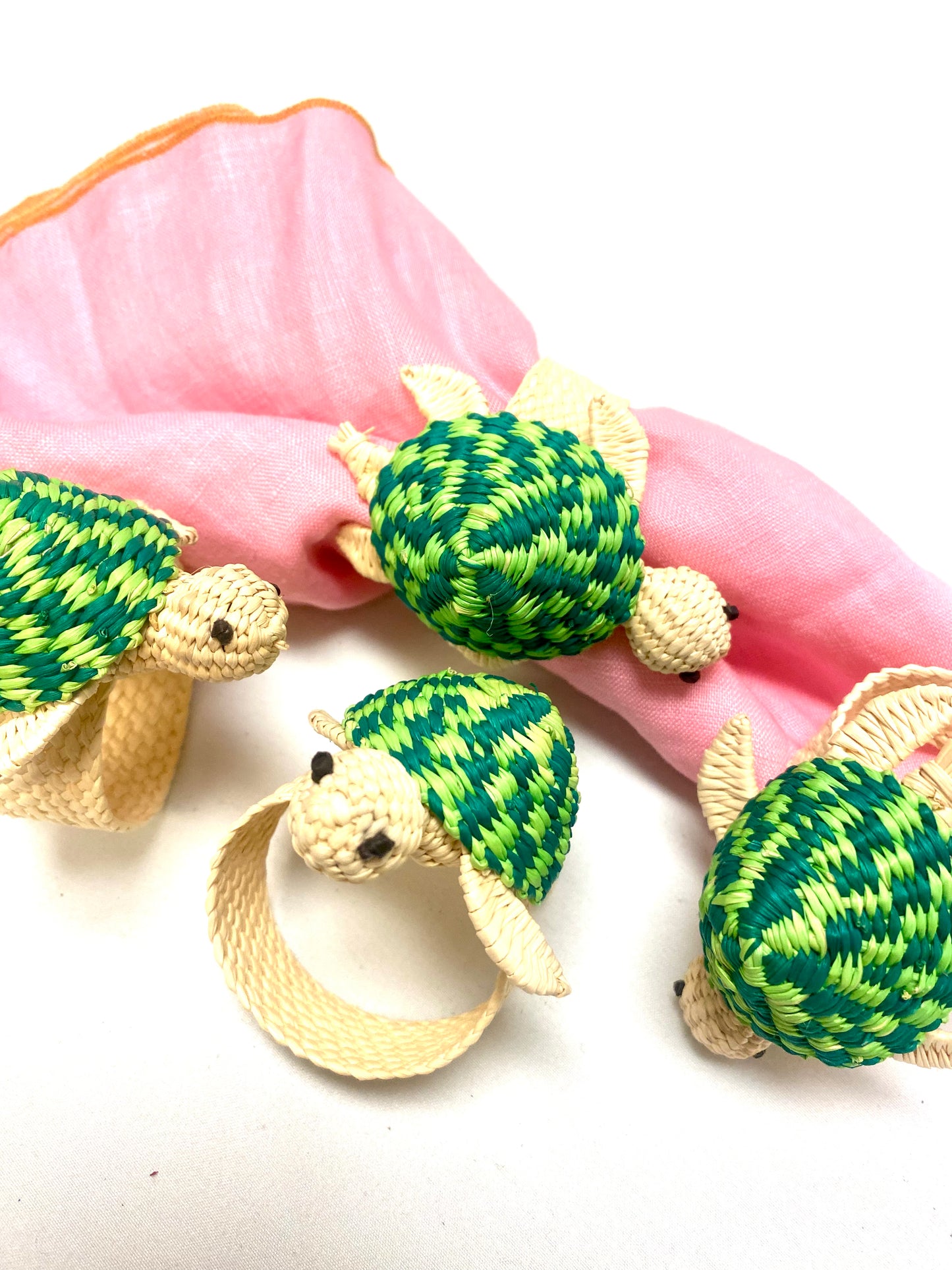 Turtle Coast Raffia Napkin Rings — Set of 4/Turtle Green, Natural, And Cute Little Black Turtle Eyes