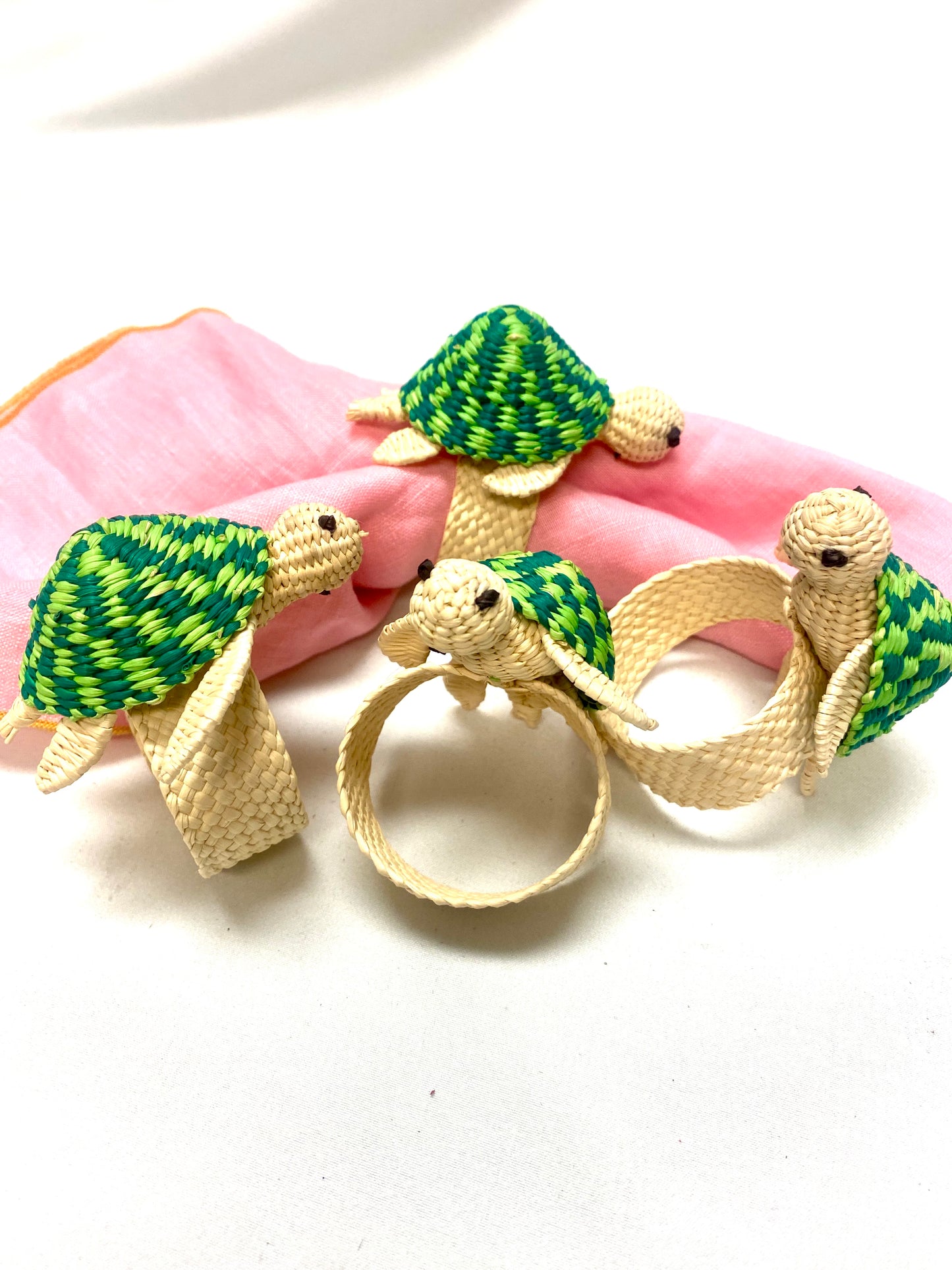 Turtle Coast Raffia Napkin Rings — Set of 4/Turtle Green, Natural, And Cute Little Black Turtle Eyes