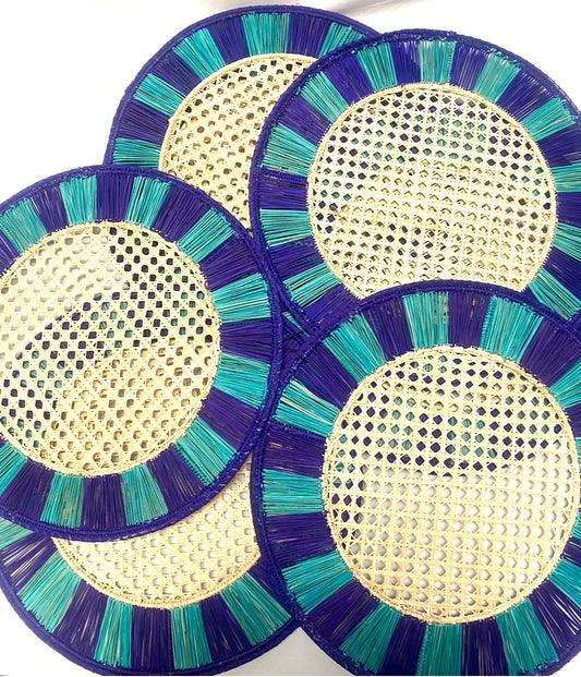 Color Stripe Raffia Placemats — Set of 4/Turquoise, Electric Purple